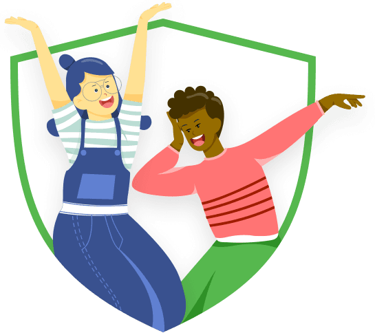 Two happy cleaners inside a green shield